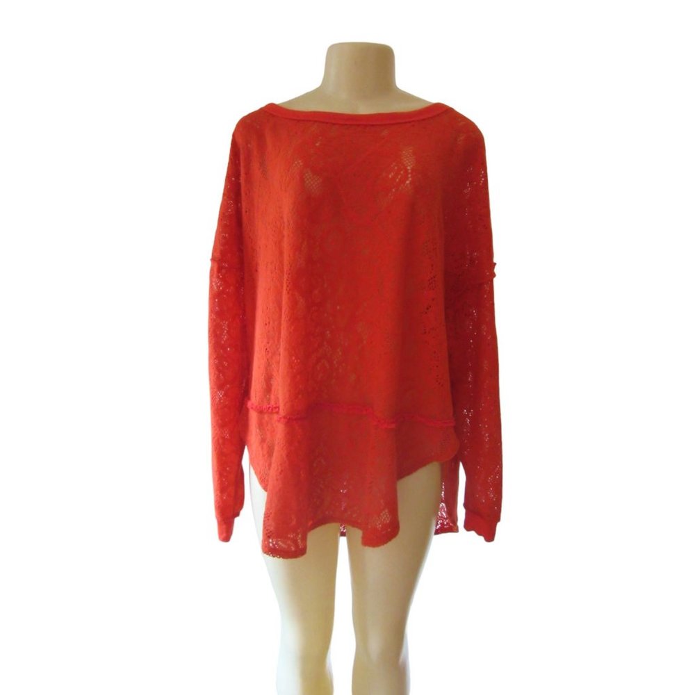 Free People Orange Semi Sheer Lace Oversized Long Sleeve Blouse in Size Large
